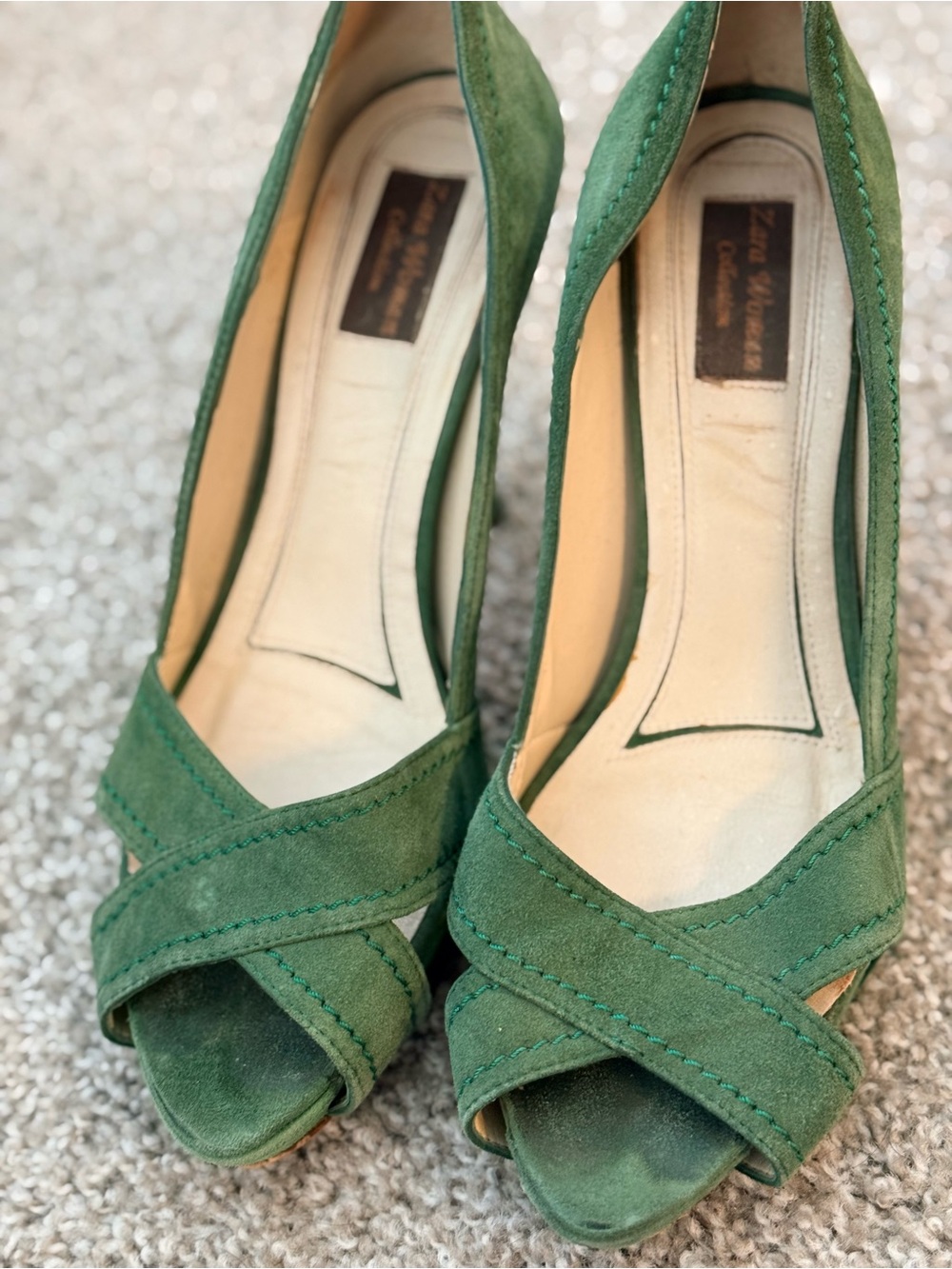 Zara Green Suede Peep-Toe Heels